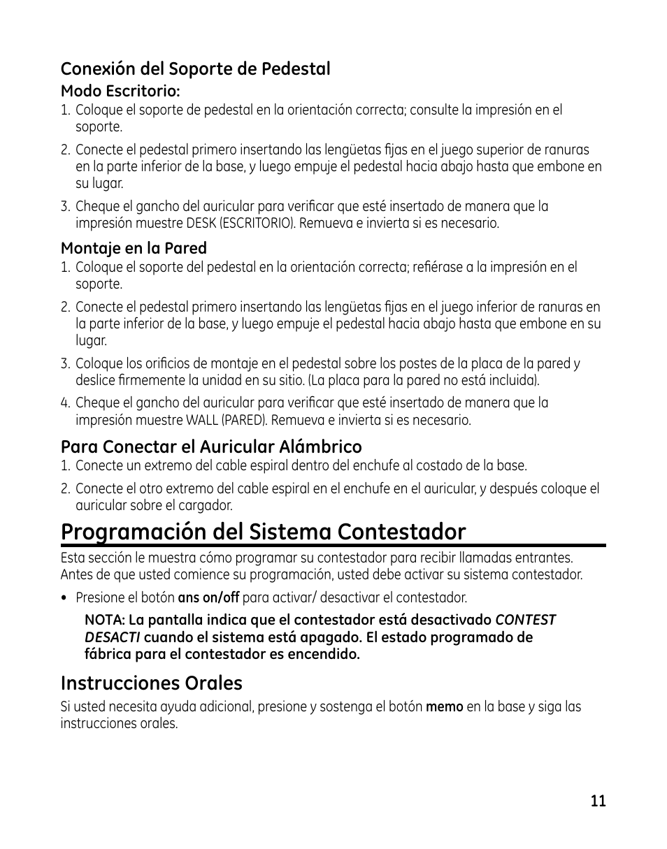 Programación del sistema contestador, Instrucciones orales, Conexión del soporte de pedestal | Para conectar el auricular alámbrico | GE 00025467 User Manual | Page 61 / 100