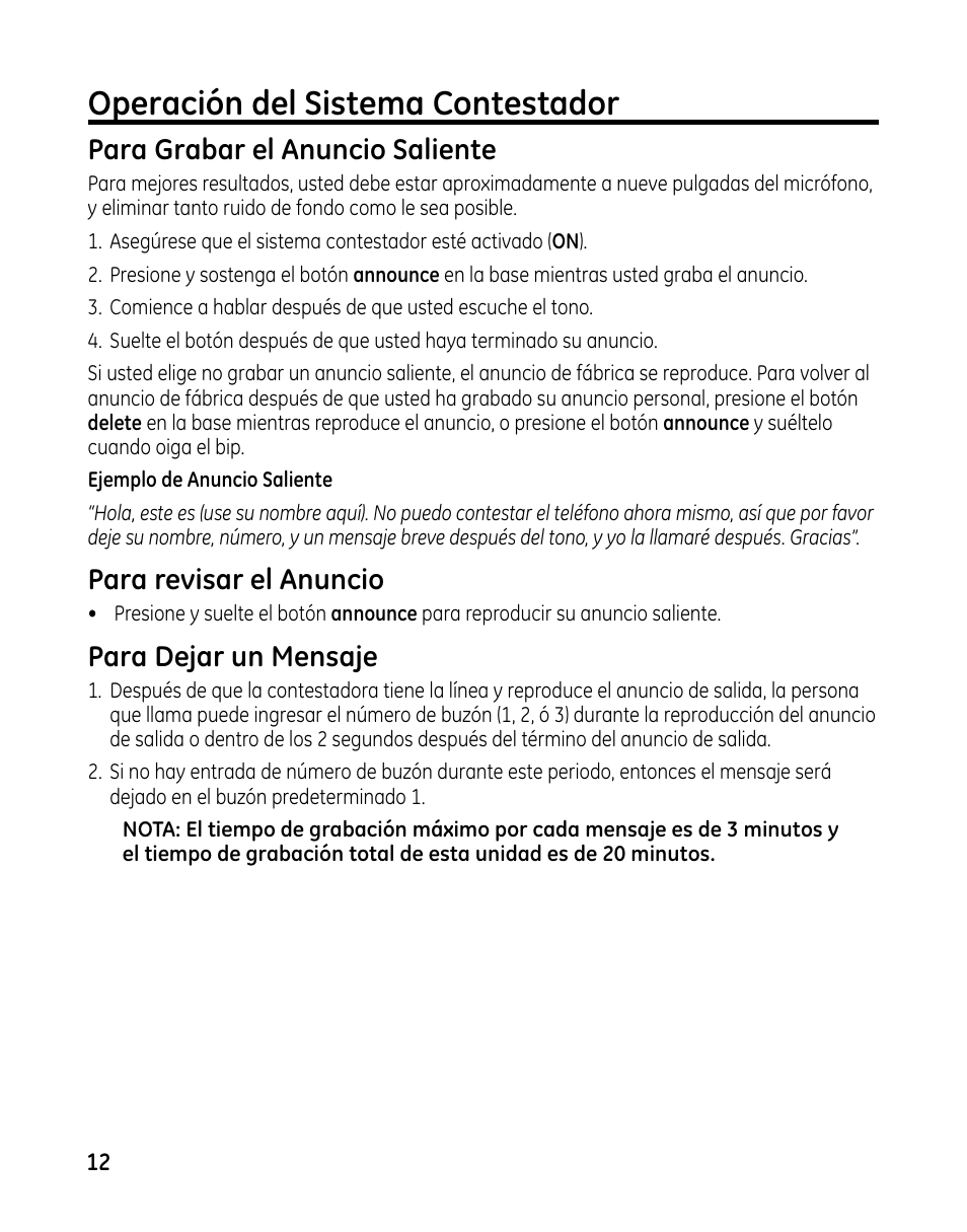 Operación del sistema contestador, Para grabar el anuncio saliente, Para revisar el anuncio | Para dejar un mensaje | GE 00025467 User Manual | Page 62 / 100