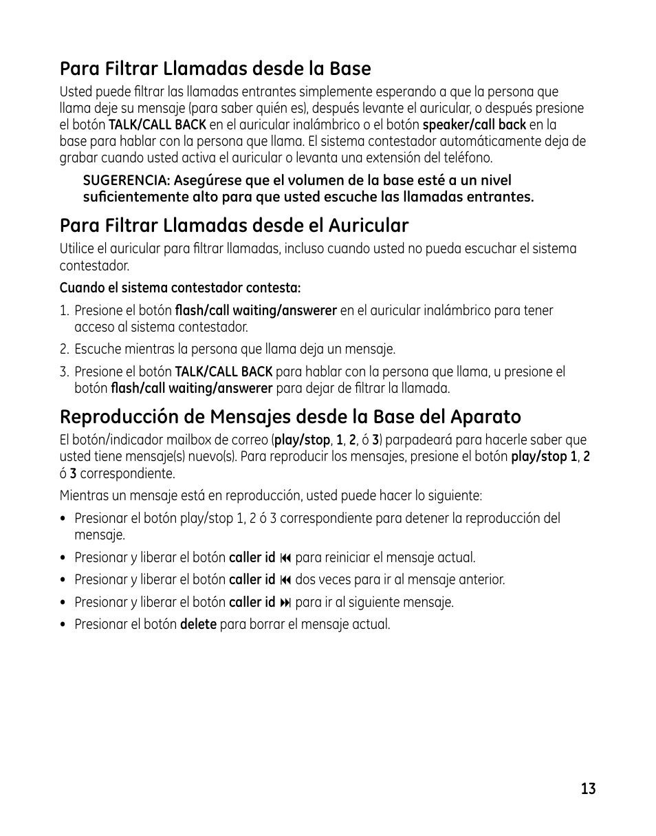 Para filtrar llamadas desde la base, Para filtrar llamadas desde el auricular, Reproducción de mensajes desde la base del aparato | GE 00025467 User Manual | Page 63 / 100