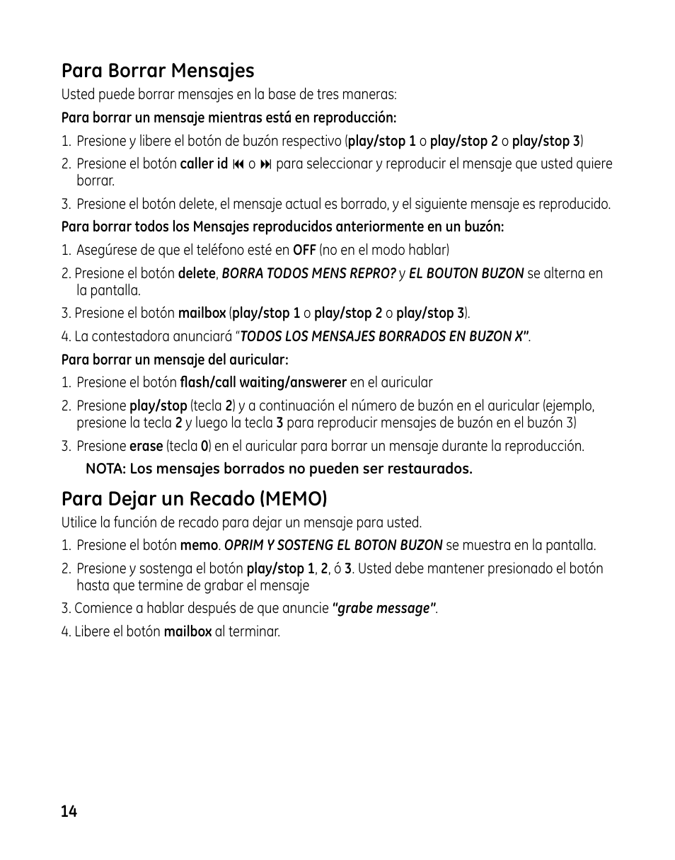 Para borrar mensajes | GE 00025467 User Manual | Page 64 / 100