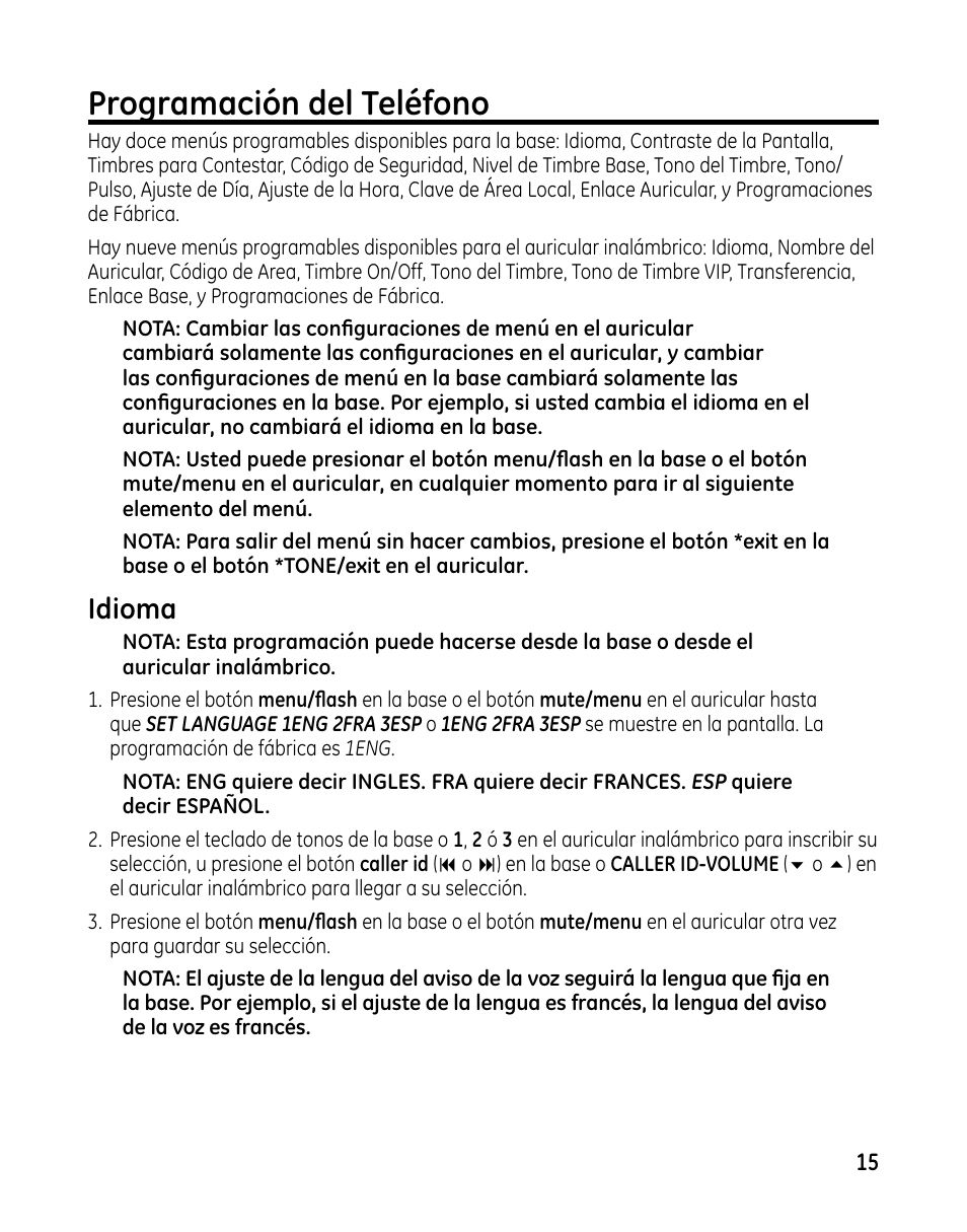 Programación del teléfono, Idioma | GE 00025467 User Manual | Page 65 / 100