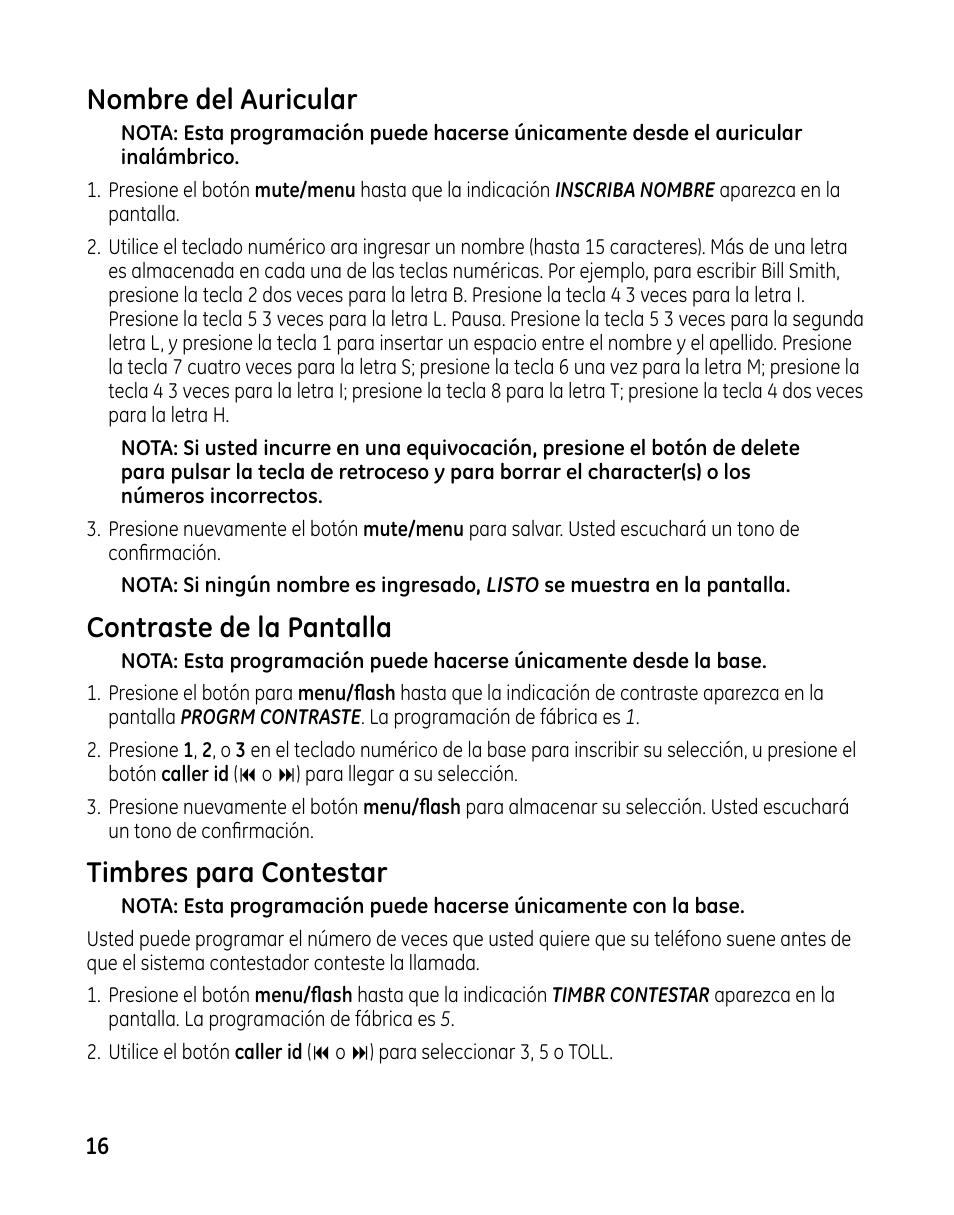 Nombre del auricular, Contraste de la pantalla, Timbres para contestar | GE 00025467 User Manual | Page 66 / 100