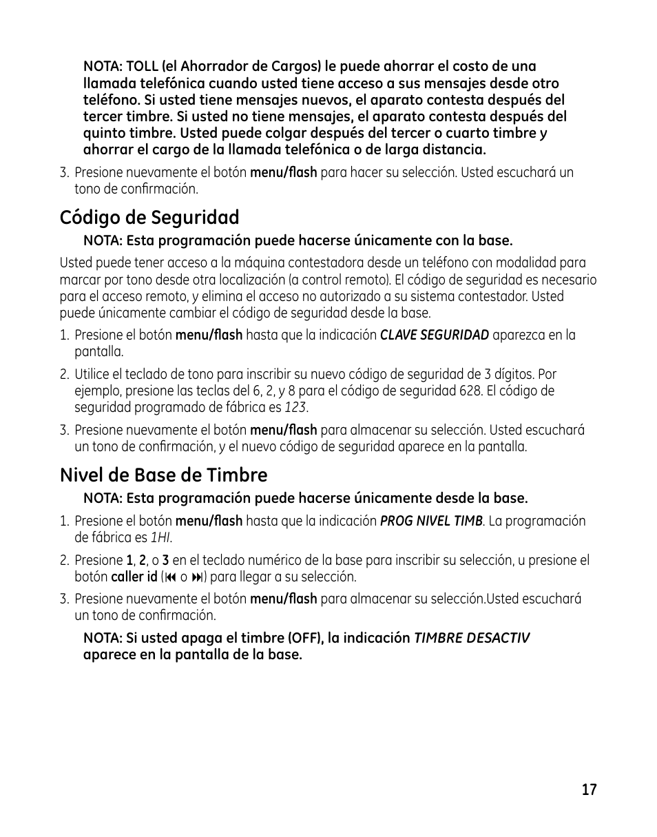 Código de seguridad, Nivel de base de timbre | GE 00025467 User Manual | Page 67 / 100