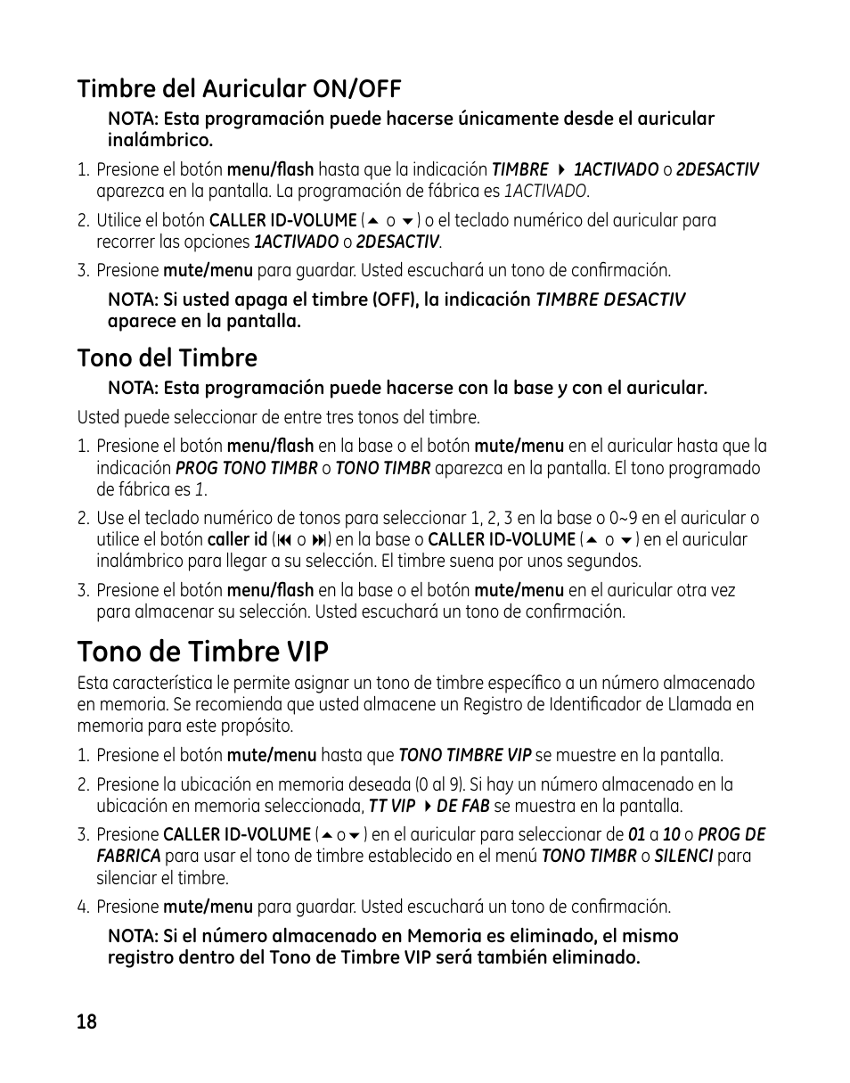 Tono de timbre vip, Timbre del auricular on/off, Tono del timbre | GE 00025467 User Manual | Page 68 / 100