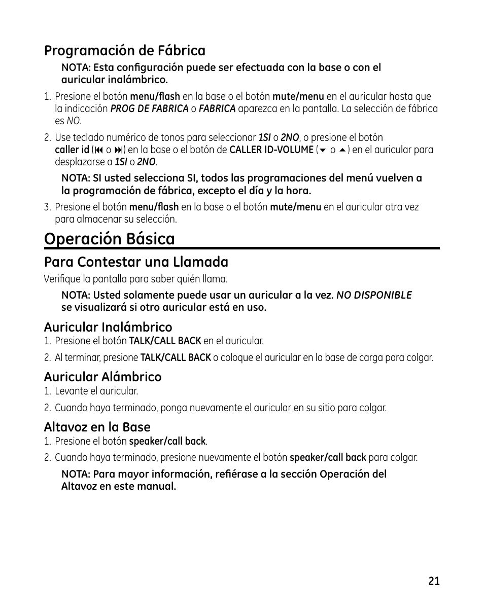 Operación básica, Programación de fábrica, Para contestar una llamada | Auricular inalámbrico, Auricular alámbrico, Altavoz en la base | GE 00025467 User Manual | Page 71 / 100