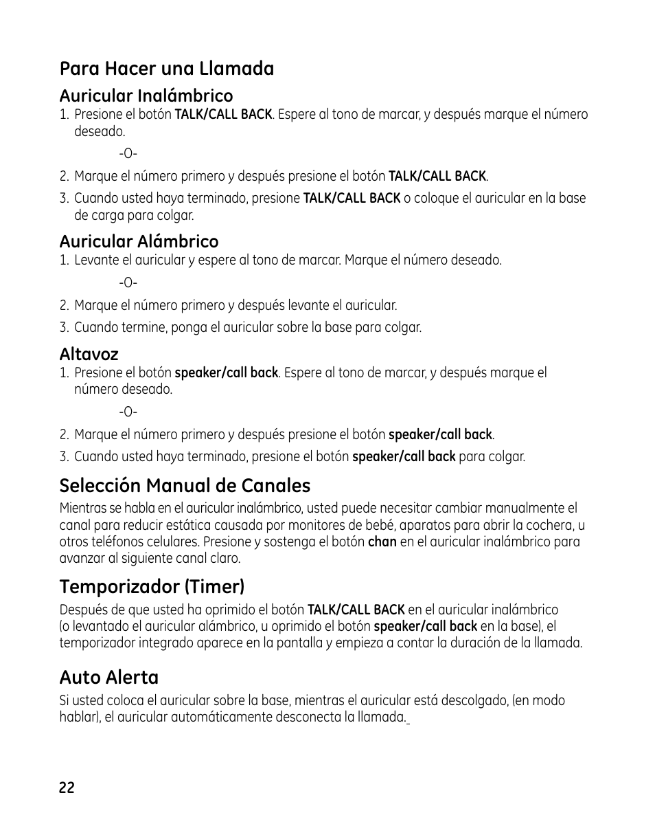 Para hacer una llamada, Selección manual de canales, Temporizador (timer) | Auto alerta, Auricular inalámbrico, Auricular alámbrico, Altavoz | GE 00025467 User Manual | Page 72 / 100