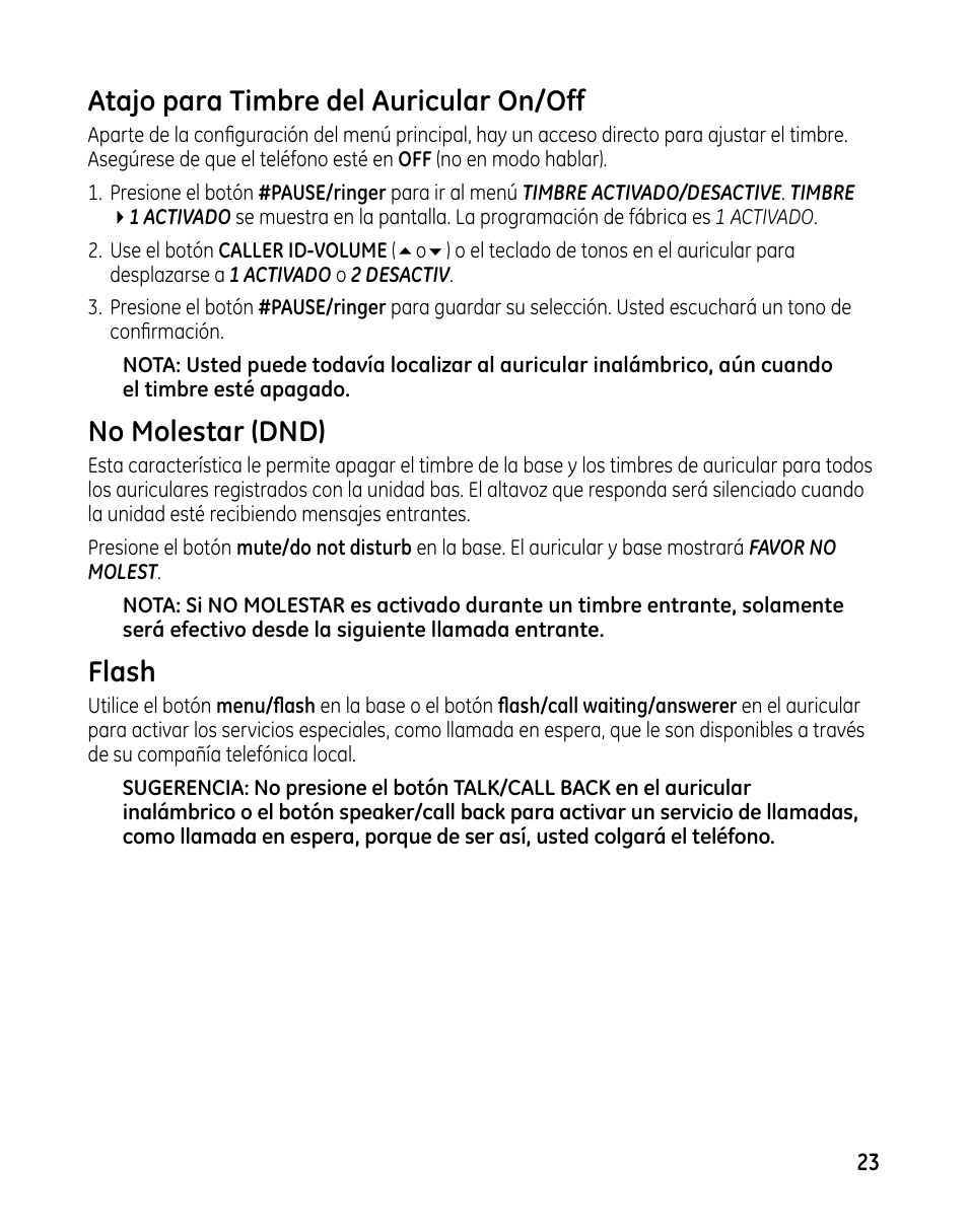 Atajo para timbre del auricular on/off, No molestar (dnd), Flash | GE 00025467 User Manual | Page 73 / 100