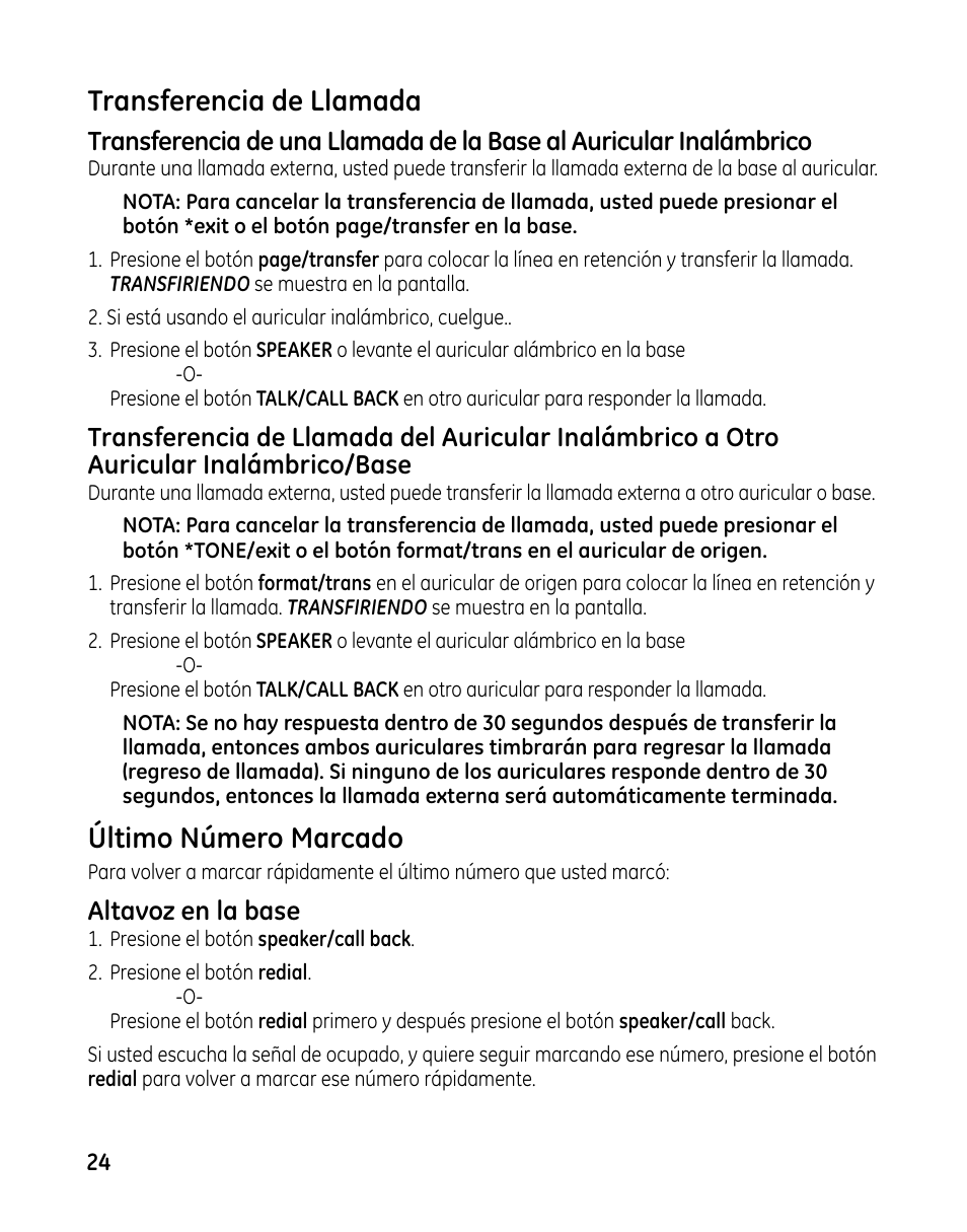 Transferencia de llamada, Último número marcado, Altavoz en la base | GE 00025467 User Manual | Page 74 / 100