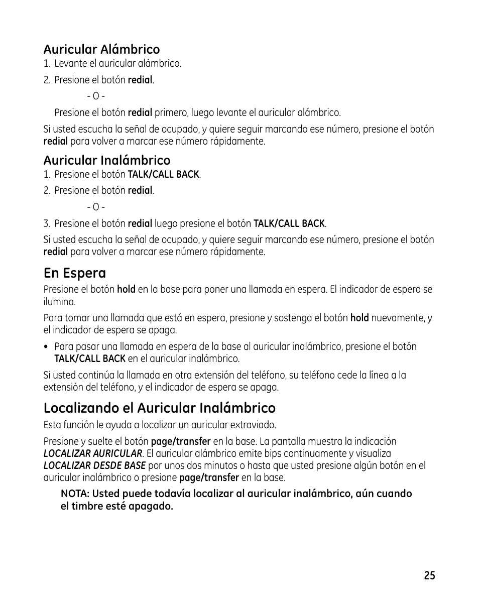 En espera, Localizando el auricular inalámbrico, Auricular alámbrico | Auricular inalámbrico | GE 00025467 User Manual | Page 75 / 100