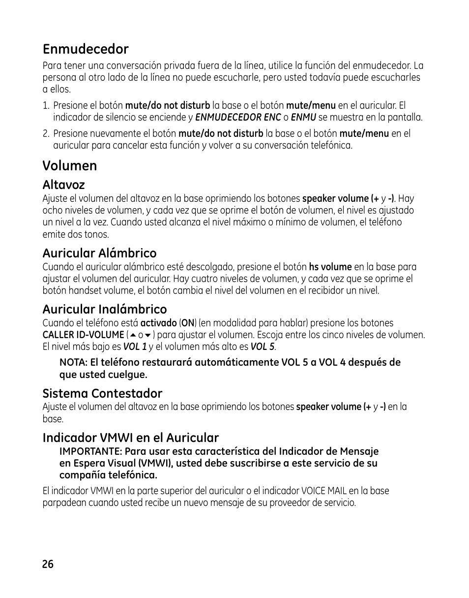 Enmudecedor, Volumen, Altavoz | Auricular alámbrico, Auricular inalámbrico, Sistema contestador, Indicador vmwi en el auricular | GE 00025467 User Manual | Page 76 / 100