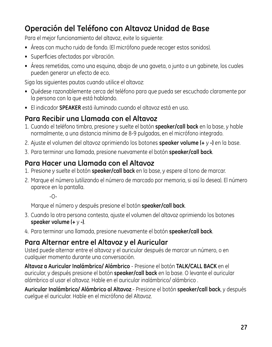 Operación del teléfono con altavoz unidad de base, Para recibir una llamada con el altavoz, Para hacer una llamada con el altavoz | Para alternar entre el altavoz y el auricular | GE 00025467 User Manual | Page 77 / 100