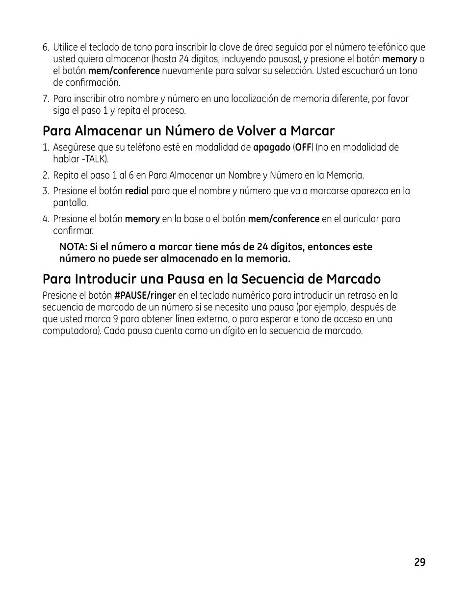 Para almacenar un número de volver a marcar | GE 00025467 User Manual | Page 79 / 100