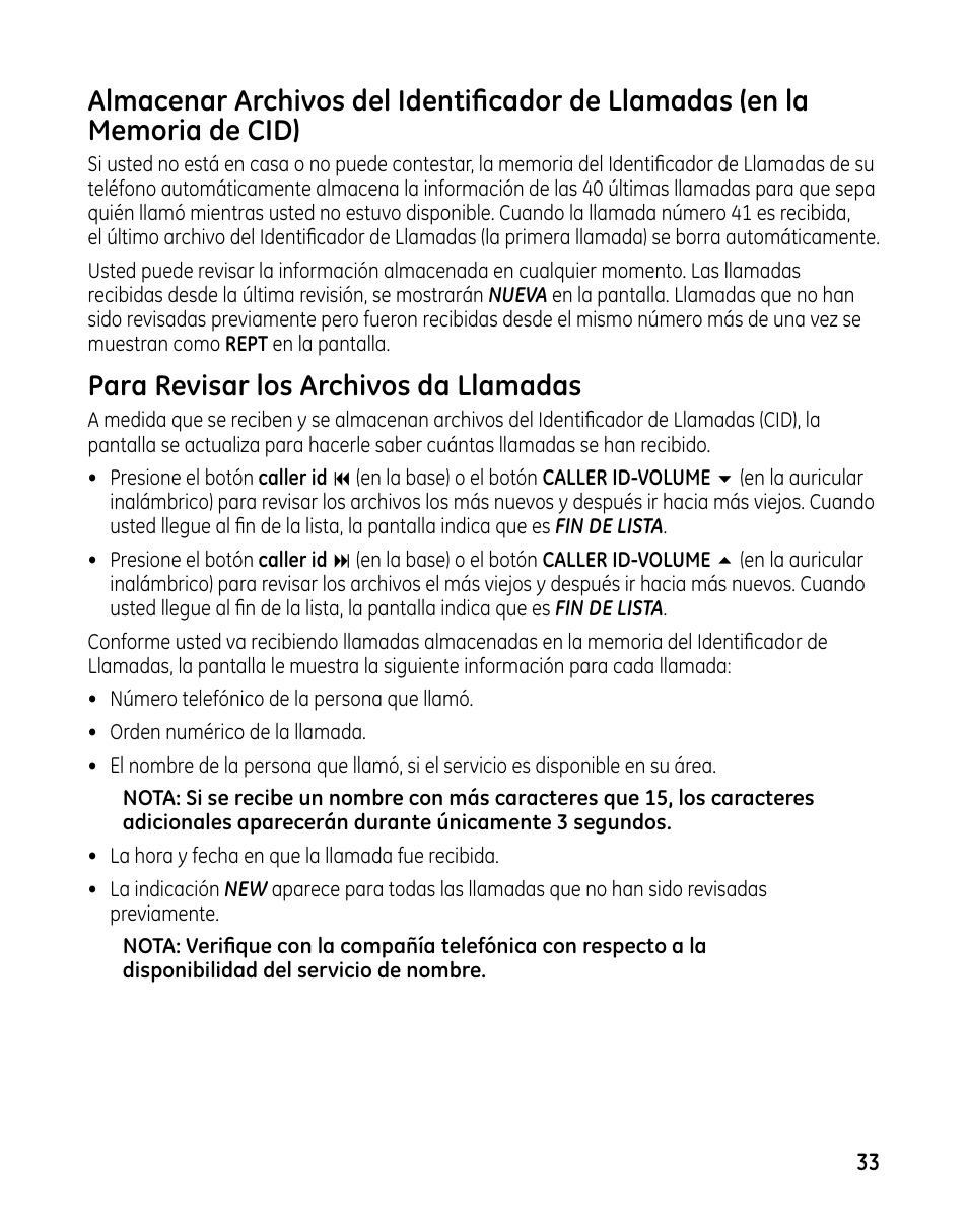 Para revisar los archivos da llamadas | GE 00025467 User Manual | Page 83 / 100