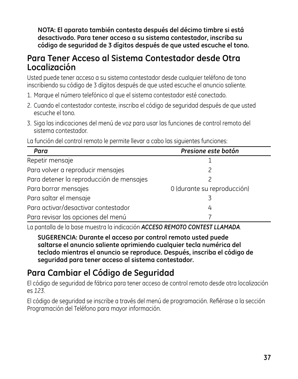 Para cambiar el código de seguridad | GE 00025467 User Manual | Page 87 / 100
