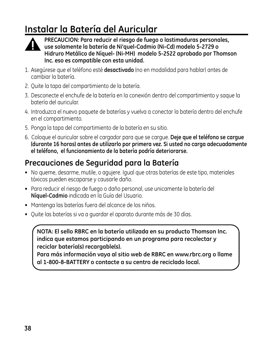 Instalar la batería del auricular, Precauciones de seguridad para la batería | GE 00025467 User Manual | Page 88 / 100