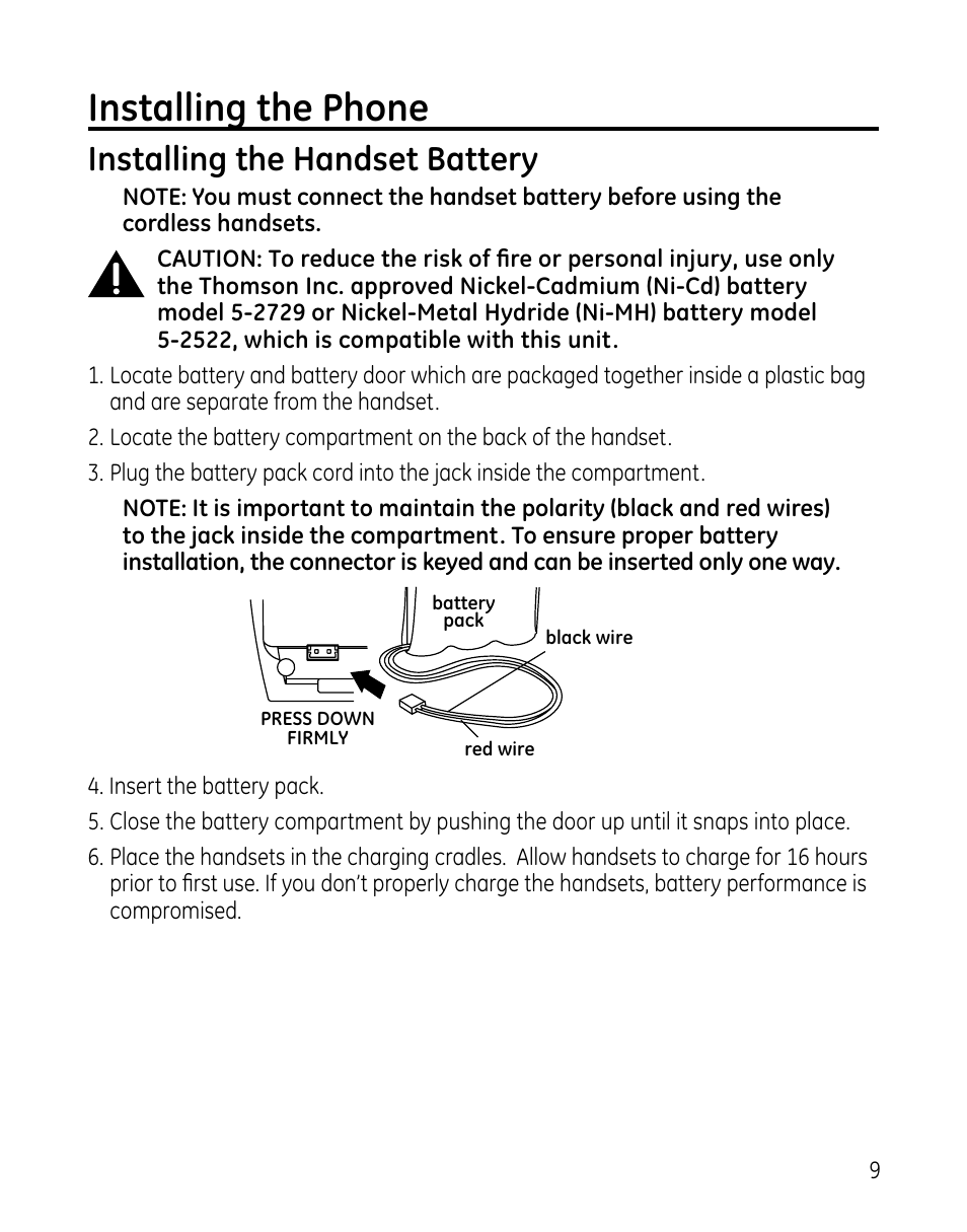 Installing the phone, Installing the handset battery | GE 00025467 User Manual | Page 9 / 100