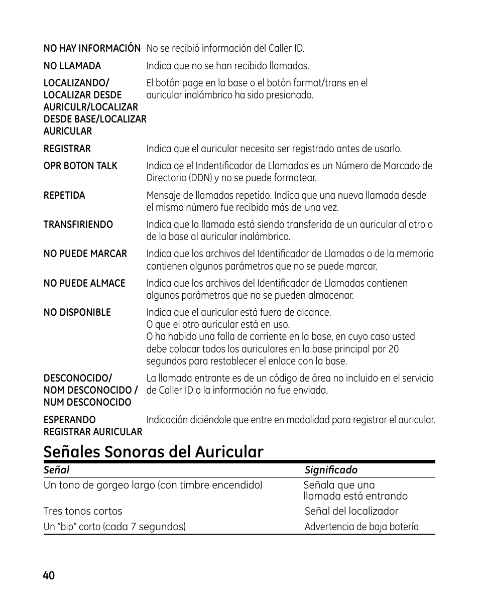 Señales sonoras del auricular | GE 00025467 User Manual | Page 90 / 100