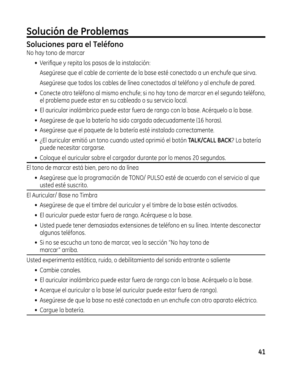 Solución de problemas, Soluciones para el teléfono | GE 00025467 User Manual | Page 91 / 100