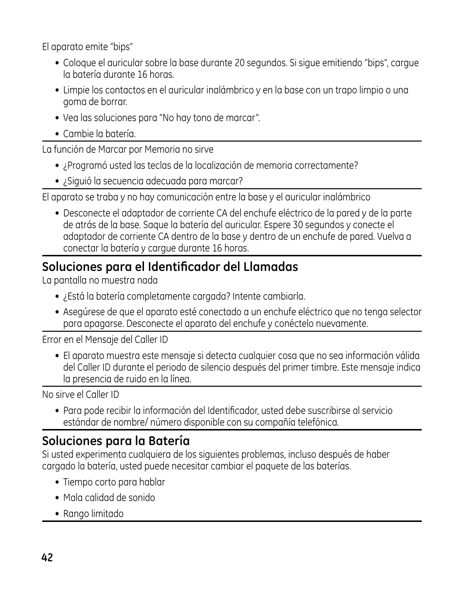 Soluciones para el identificador del llamadas, Soluciones para la batería | GE 00025467 User Manual | Page 92 / 100