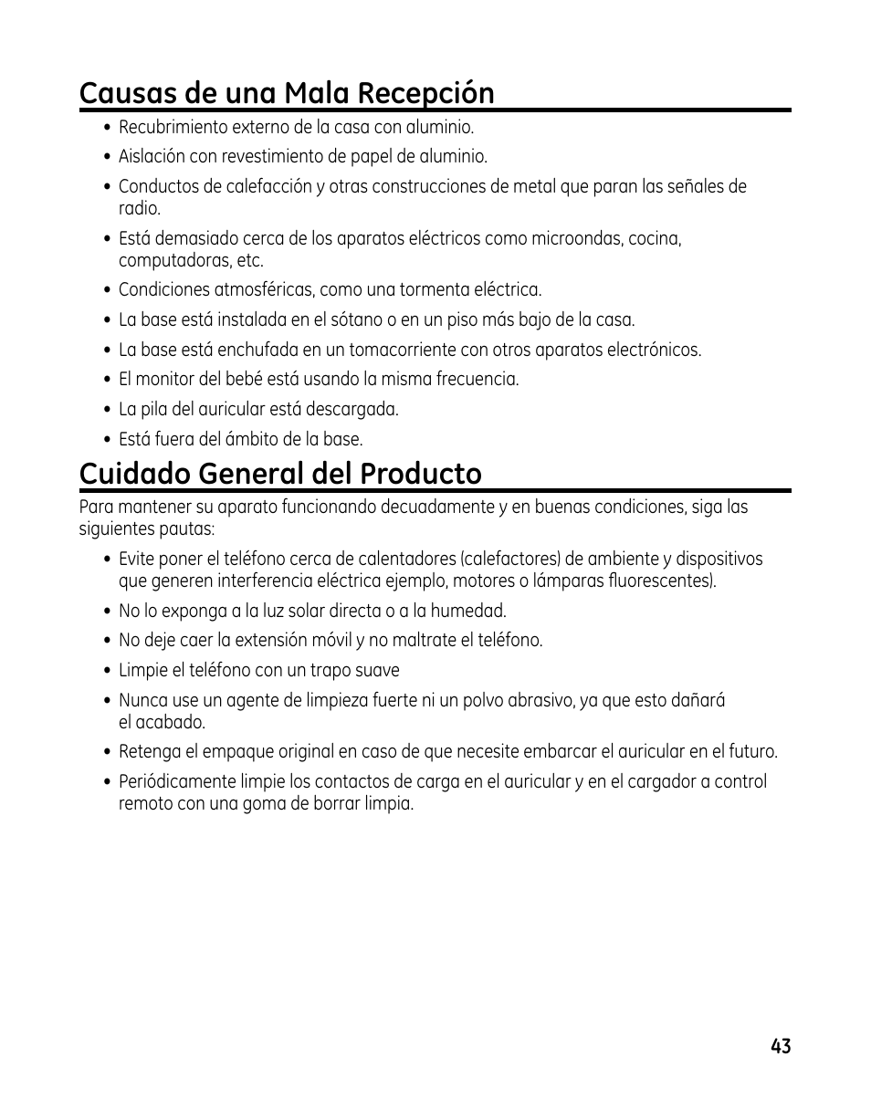 Causas de una mala recepción, Cuidado general del producto | GE 00025467 User Manual | Page 93 / 100