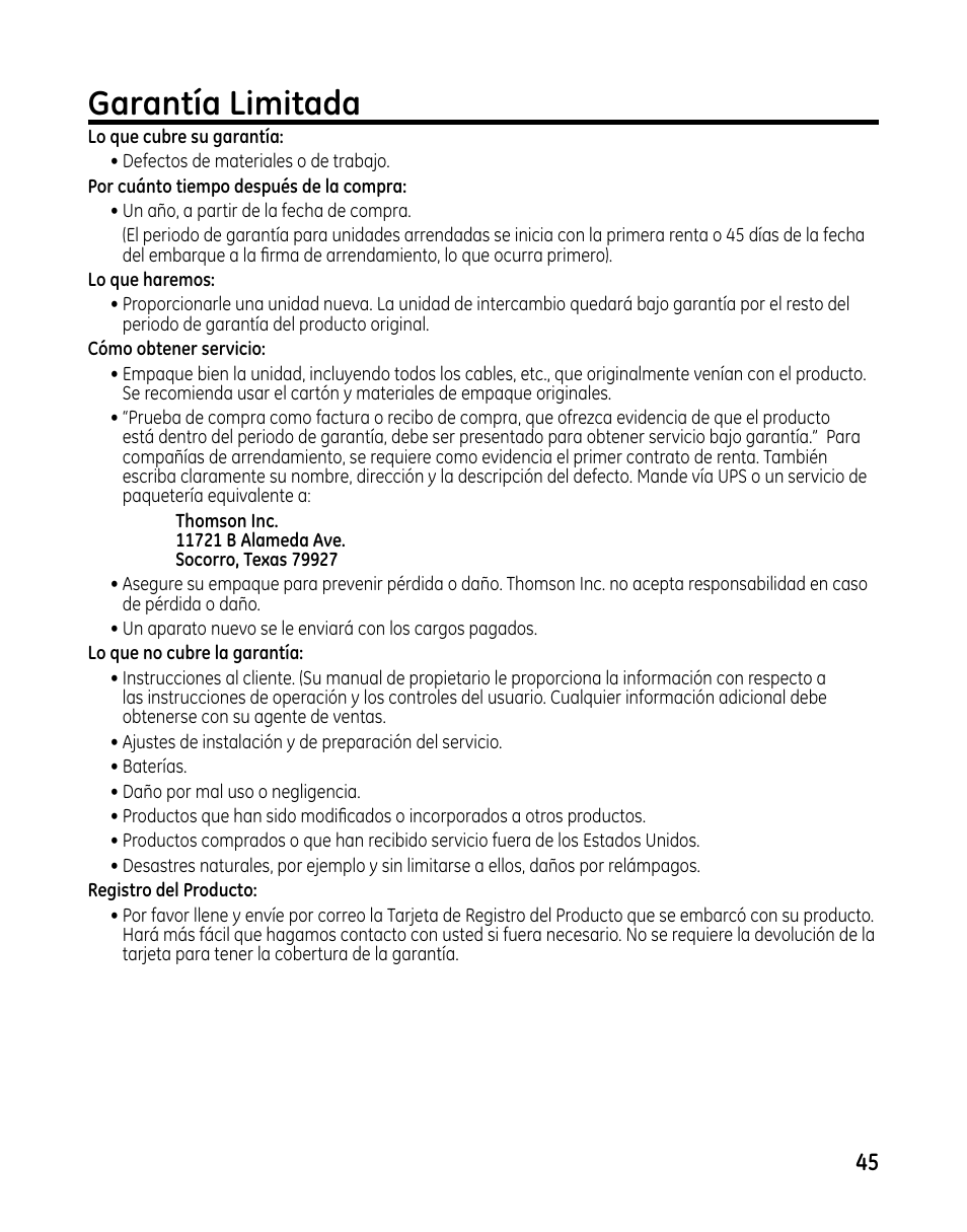 Garantía limitada | GE 00025467 User Manual | Page 95 / 100