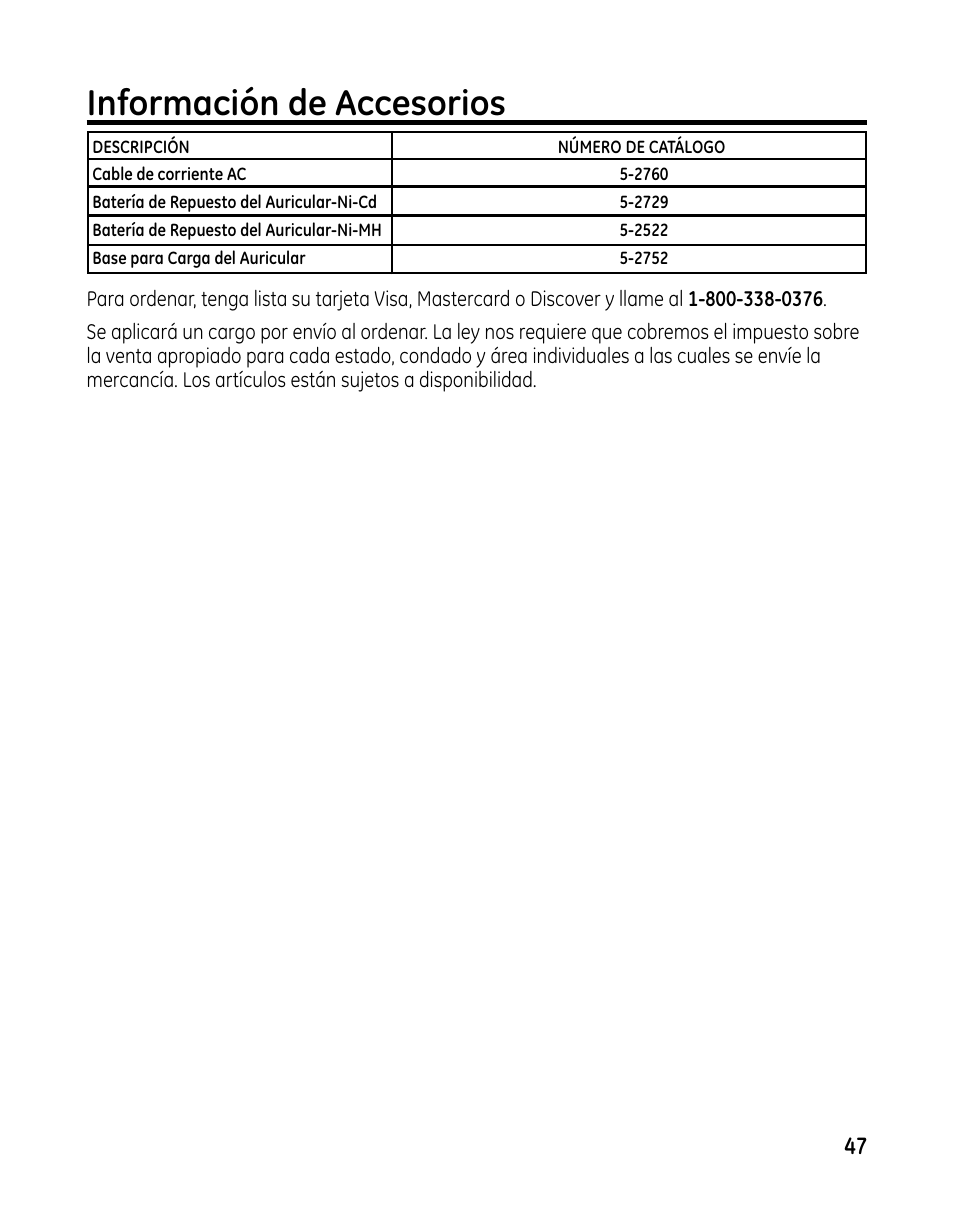 Información de accesorios | GE 00025467 User Manual | Page 97 / 100