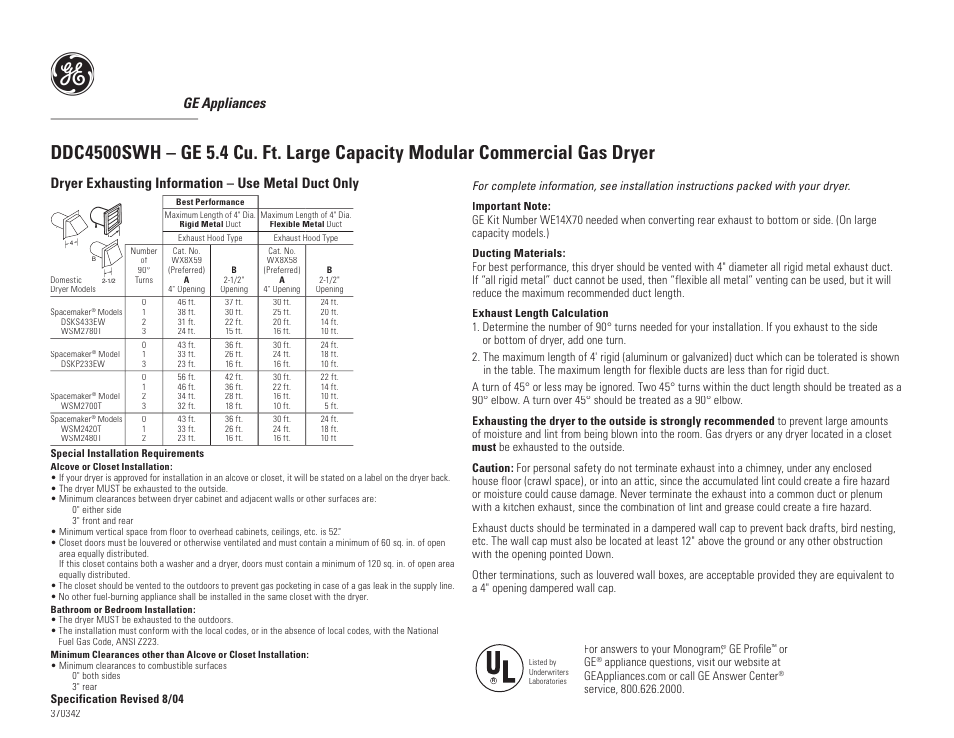 Ge appliances, Dryer exhausting information – use metal duct only | GE Spacemaker DSKP233EW User Manual | Page 2 / 3