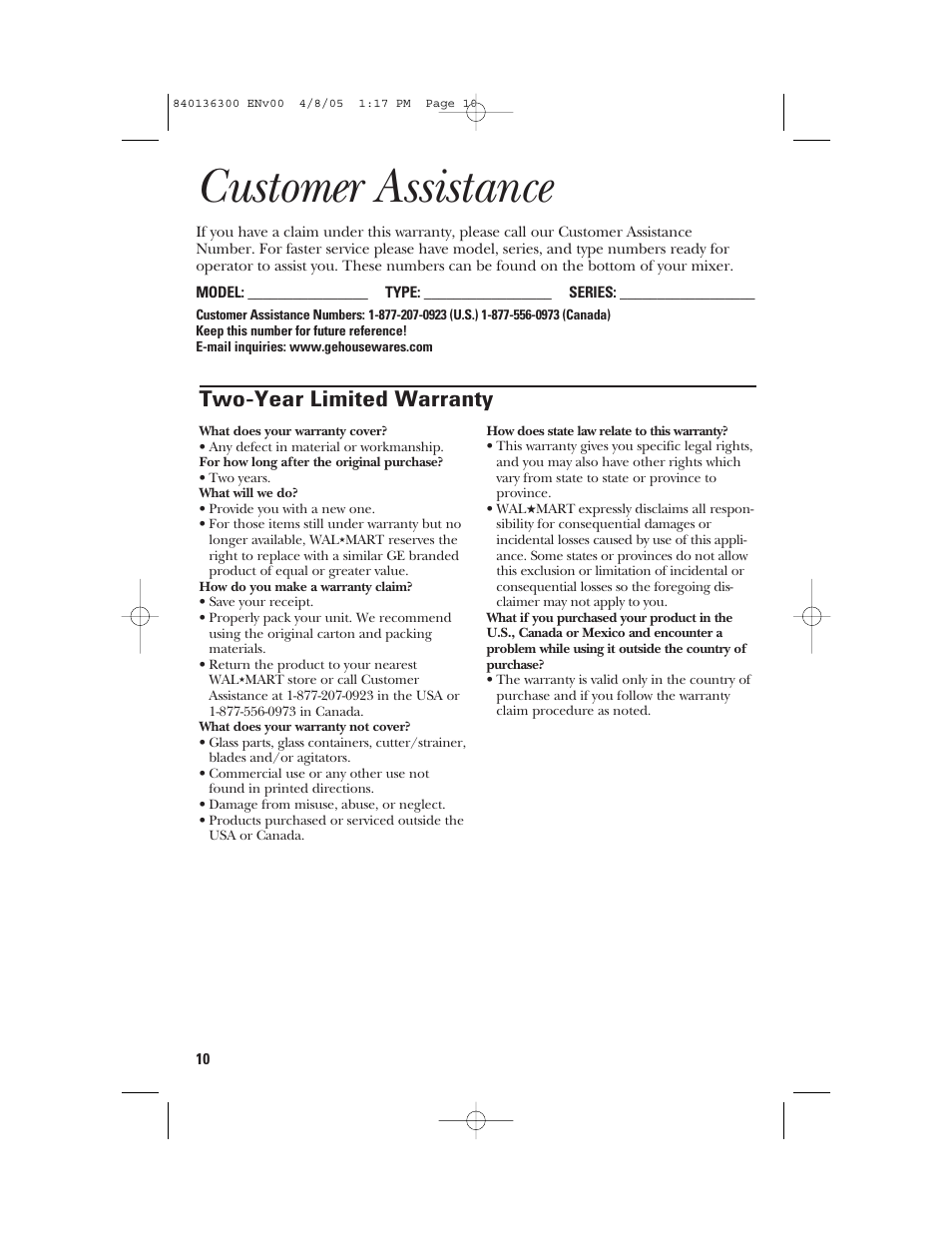 Customer assistance, Two-year limited warranty | GE 169024 User Manual | Page 10 / 10