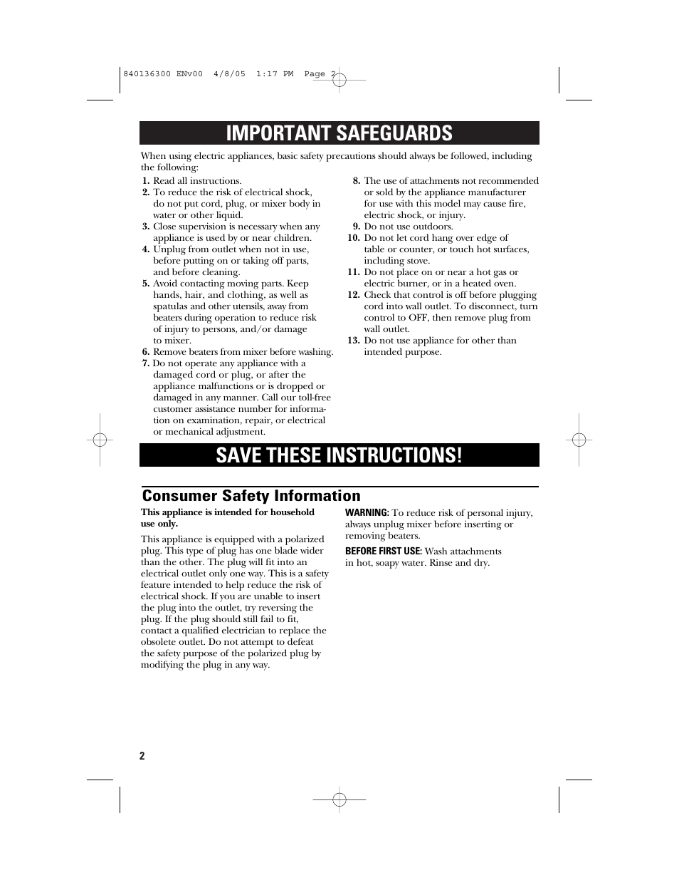 Important safeguards save these instructions, Consumer safety information | GE 169024 User Manual | Page 2 / 10