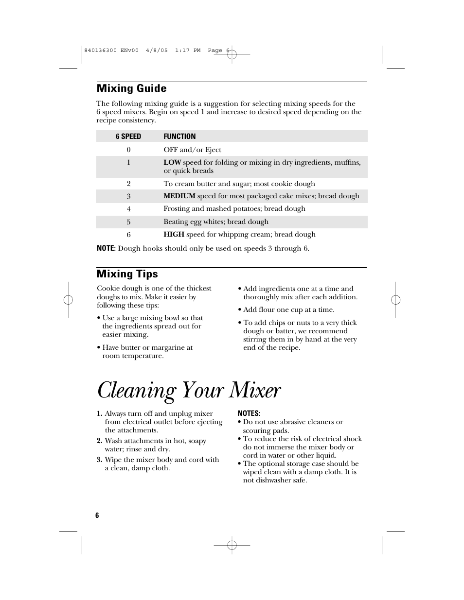 Cleaning your mixer, Mixing guide mixing tips | GE 169024 User Manual | Page 6 / 10
