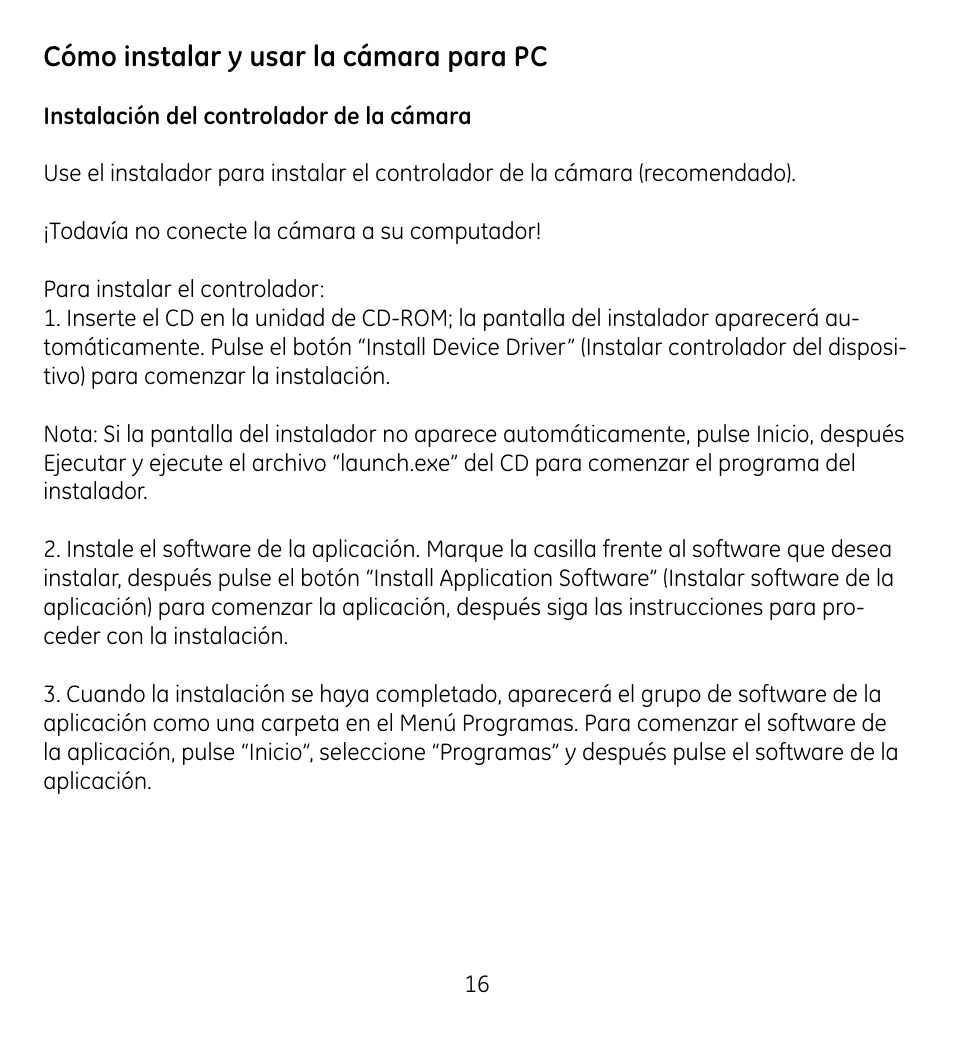 Cómo instalar y usar la cámara para pc | GE 98061 User Manual | Page 18 / 32