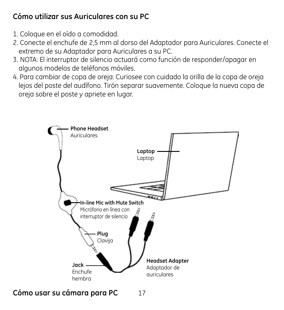 Cómo utilizar sus auriculares con su pc, Cómo usar su cámara para pc | GE 98061 User Manual | Page 19 / 32