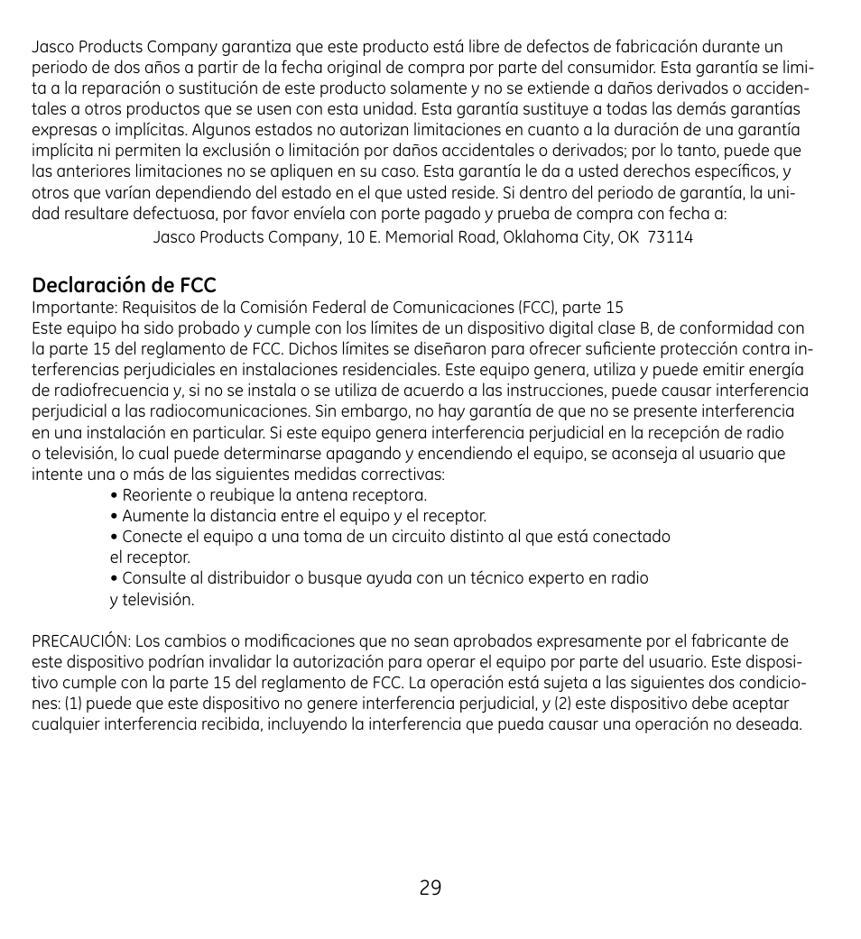 Declaración de fcc | GE 98061 User Manual | Page 31 / 32