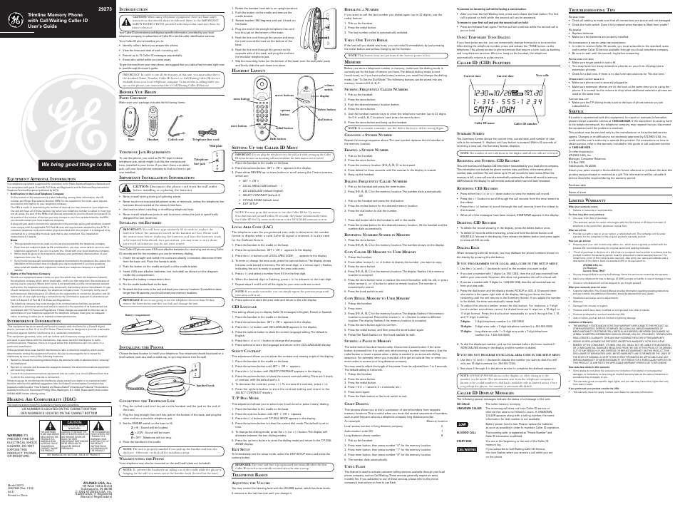 GE Trimline 29273 User Manual | 2 pages