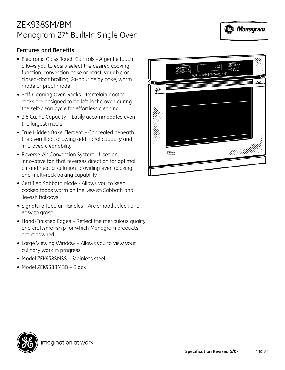 Zek938sm/bm, Monogram 27” built-in single oven, Zek938smss | Features and benefits, Specification revised 5/07, Conv, Mult conv, 1 rack conv, High low, Std low | GE ZEK938SM/BM User Manual | Page 2 / 2