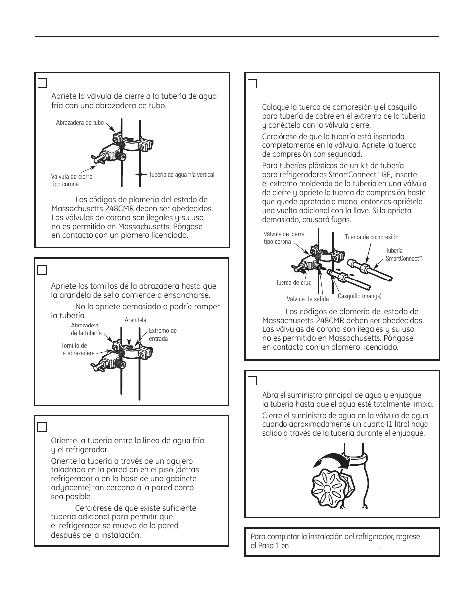 Instrucciones para la instalación, Cómo instalar la línea de agua, Cómo conectar la tubería a la válvula | Enjuague la tubería, Apriete la válvula de cierre, Apriete la abrazadera de tubo, Cómo orientar la tubería, Cont.) | GE 29 User Manual | Page 100 / 112