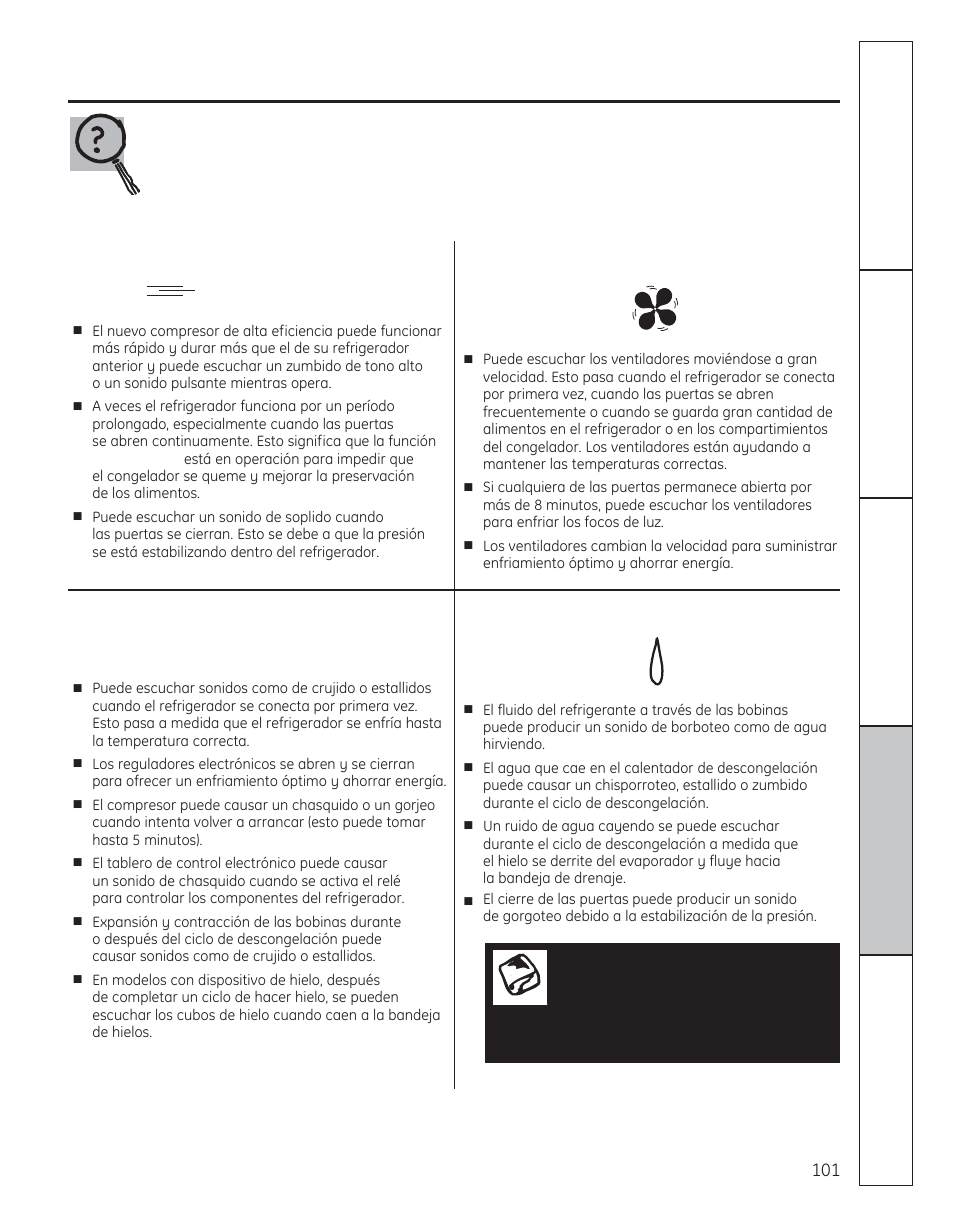 Solucionar problemas, Sonidos normales de operación, Chasquidos, estallidos, crujido, gorjeos | Sonidos de agua, Whir | GE 29 User Manual | Page 101 / 112