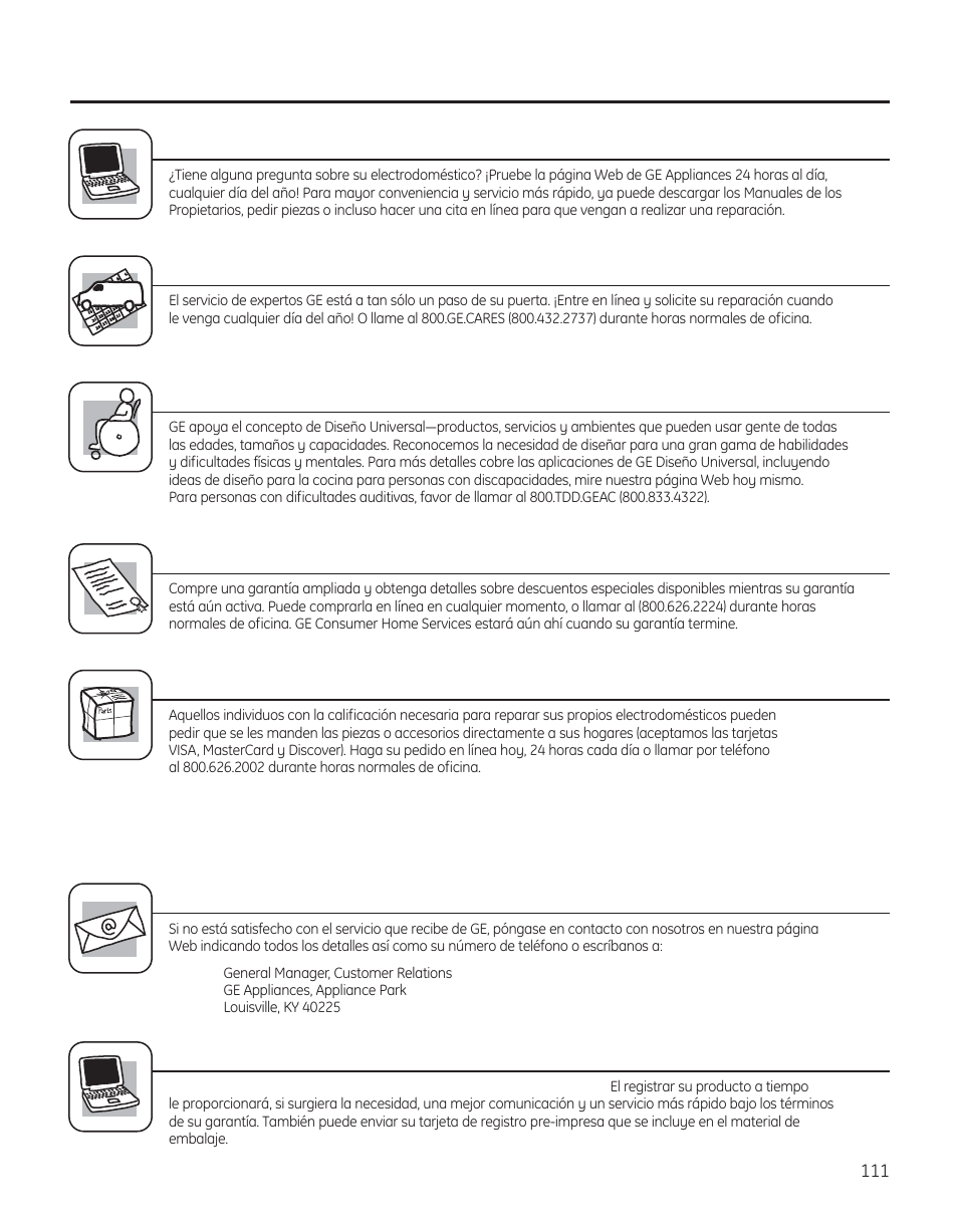 Servicio al consumidor, Solicite una reparación, Garantías ampliadas | Piezas y accesorios, Póngase en contacto con nosotros, Registre su electrodoméstico | GE 29 User Manual | Page 111 / 112