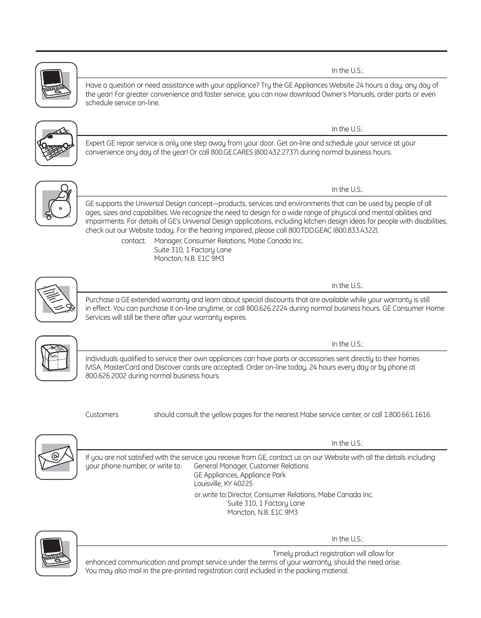 Consumer support, Consumer support. ge appliances website, Schedule service | Real life design studio, Extended warranties, Parts and accessories, Contact us, Register your appliance | GE 29 User Manual | Page 112 / 112