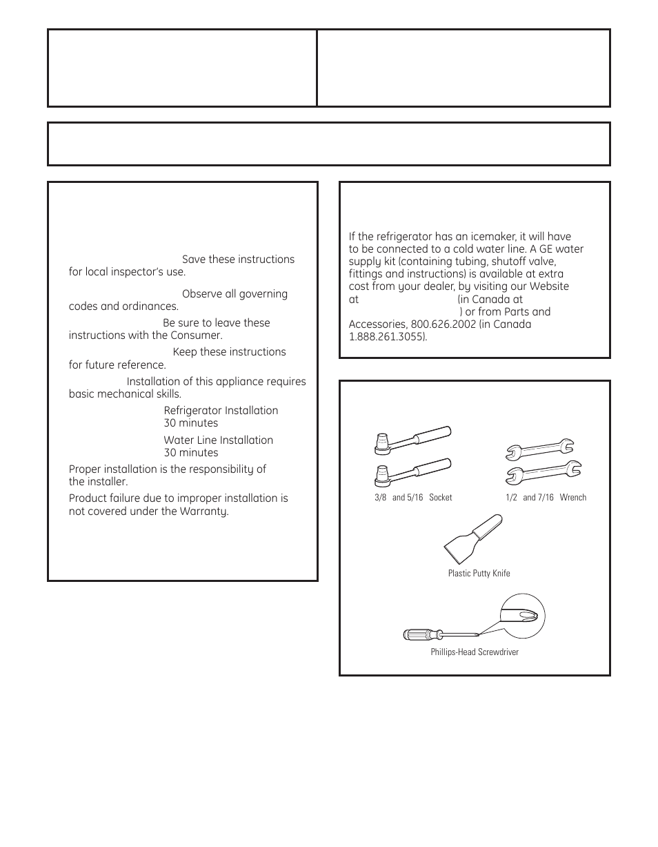 Preparing to install the refrigerator, Installation refrigerator instructions, Important | GE 29 User Manual | Page 16 / 112