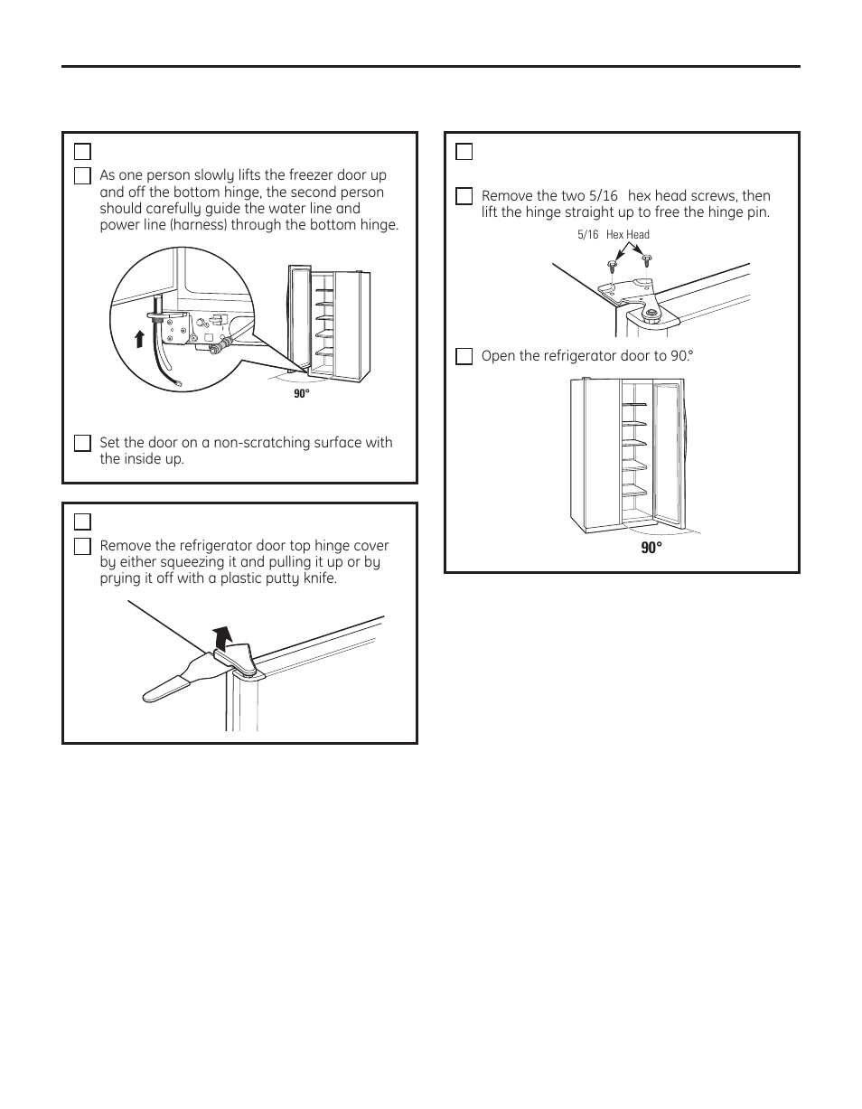 Installation instructions, Remove the freezer door (cont.), Remove the refrigerator door | Remove the refrigerator door (cont.) | GE 29 User Manual | Page 19 / 112