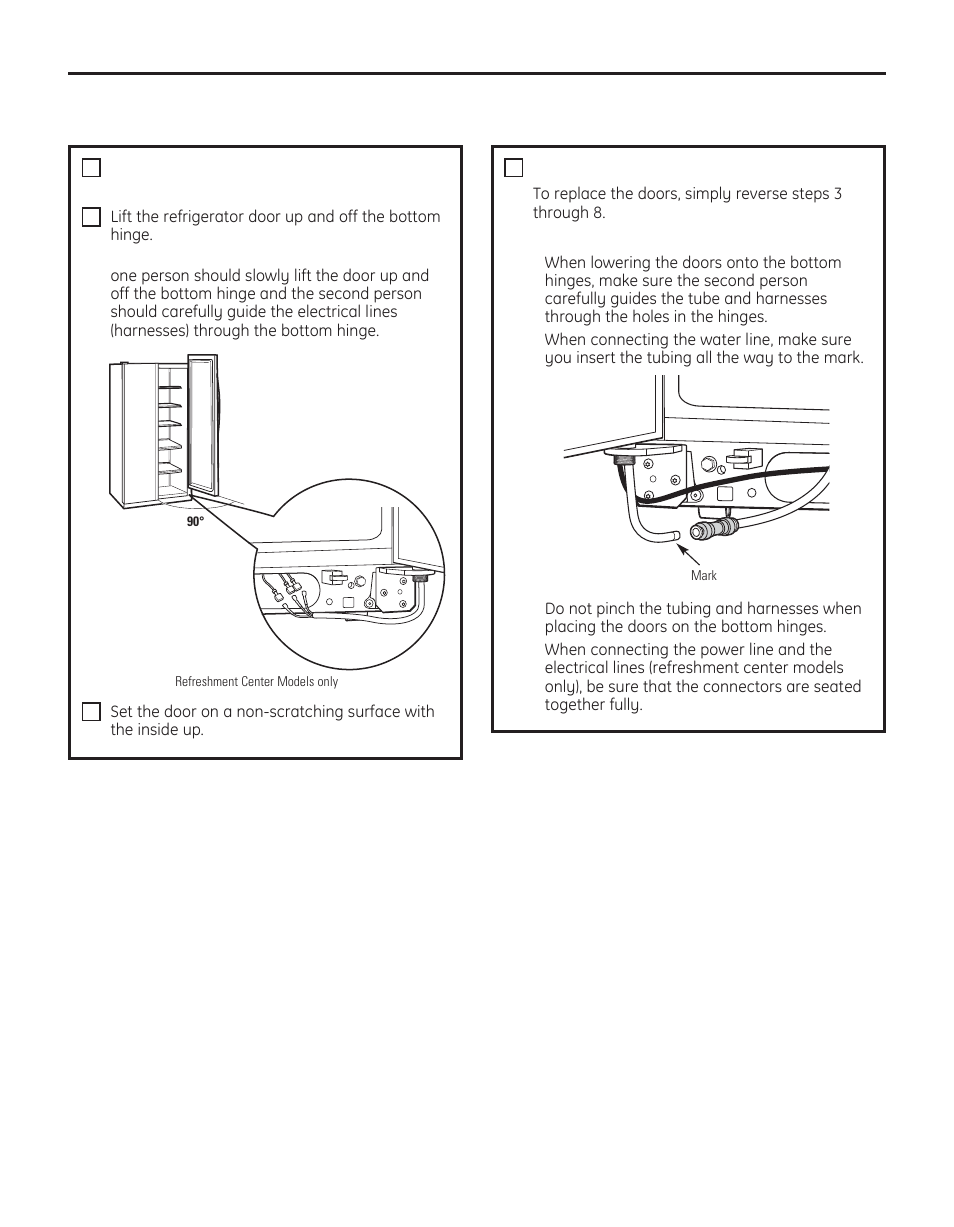 Moving the refrigerator, Installation instructions, Remove the refrigerator door (cont.) | Replacing the doors, Cont.) | GE 29 User Manual | Page 20 / 112