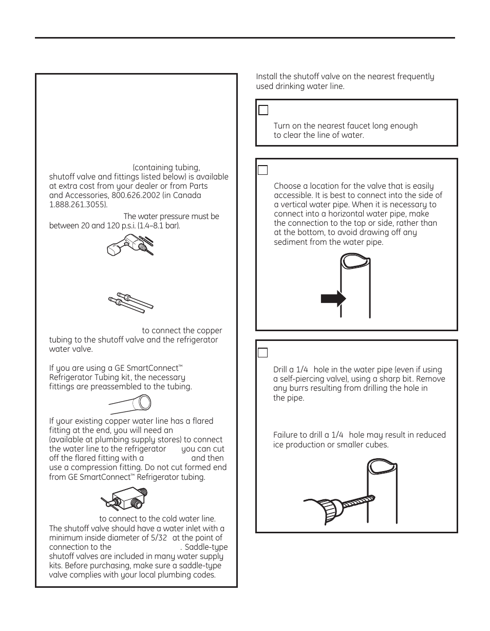 Installing the water line, Installation instructions, Cont.) | What you will need, Shut off the main water supply, Choose the valve location, Drill the hole for the valve | GE 29 User Manual | Page 26 / 112