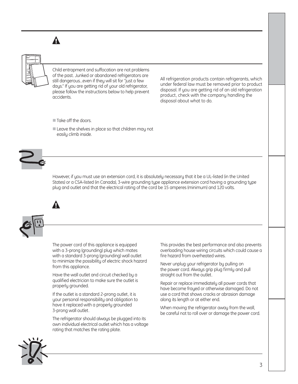 Danger! risk of child entrapment, Warning, Proper disposal of the refrigerator | Use of extension cords, How to connect electricity | GE 29 User Manual | Page 3 / 112