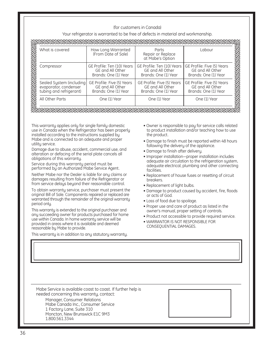 Warranty (canadian), Customer warranty | GE 29 User Manual | Page 36 / 112