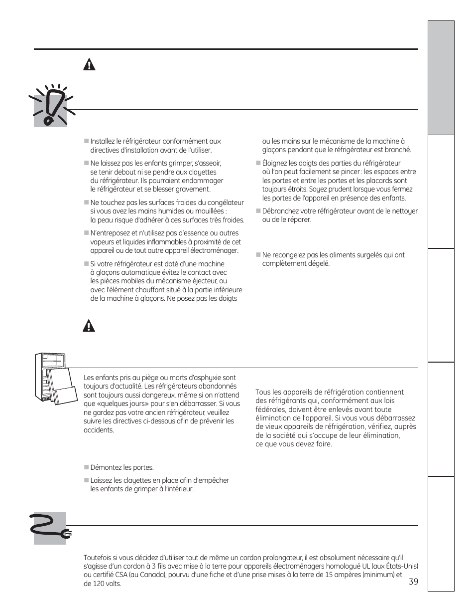 Mesures de sécurité, Avertissement, Danger! risques pour les enfants | Cordons prolongateurs | GE 29 User Manual | Page 39 / 112