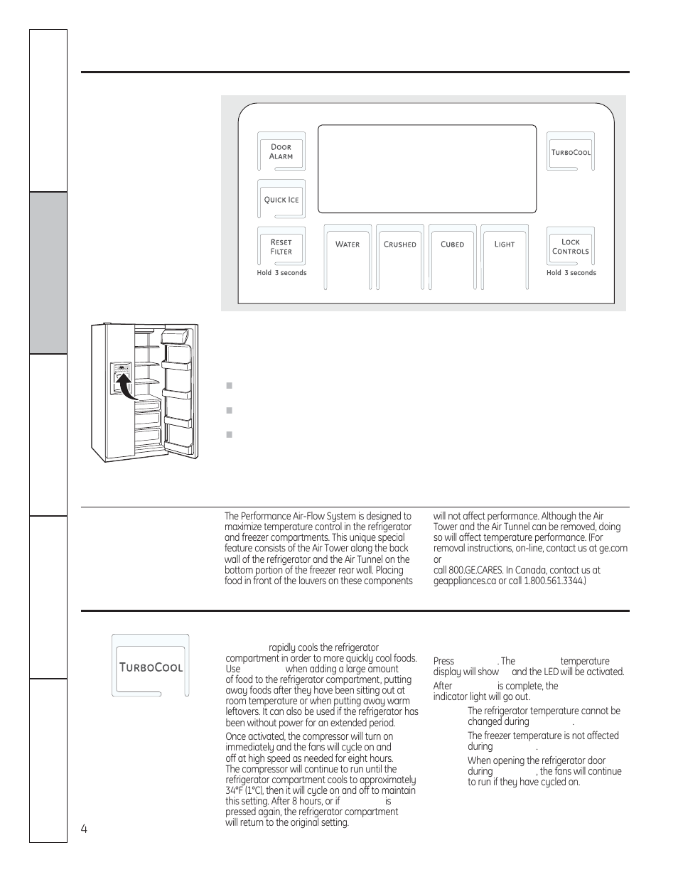 Temperature controls, Turbocool, About the temperature controls | About turbocool, Performance air flow system, On some models) | GE 29 User Manual | Page 4 / 112