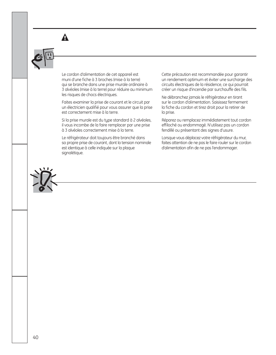 Avertissement, Raccordement électrique | GE 29 User Manual | Page 40 / 112