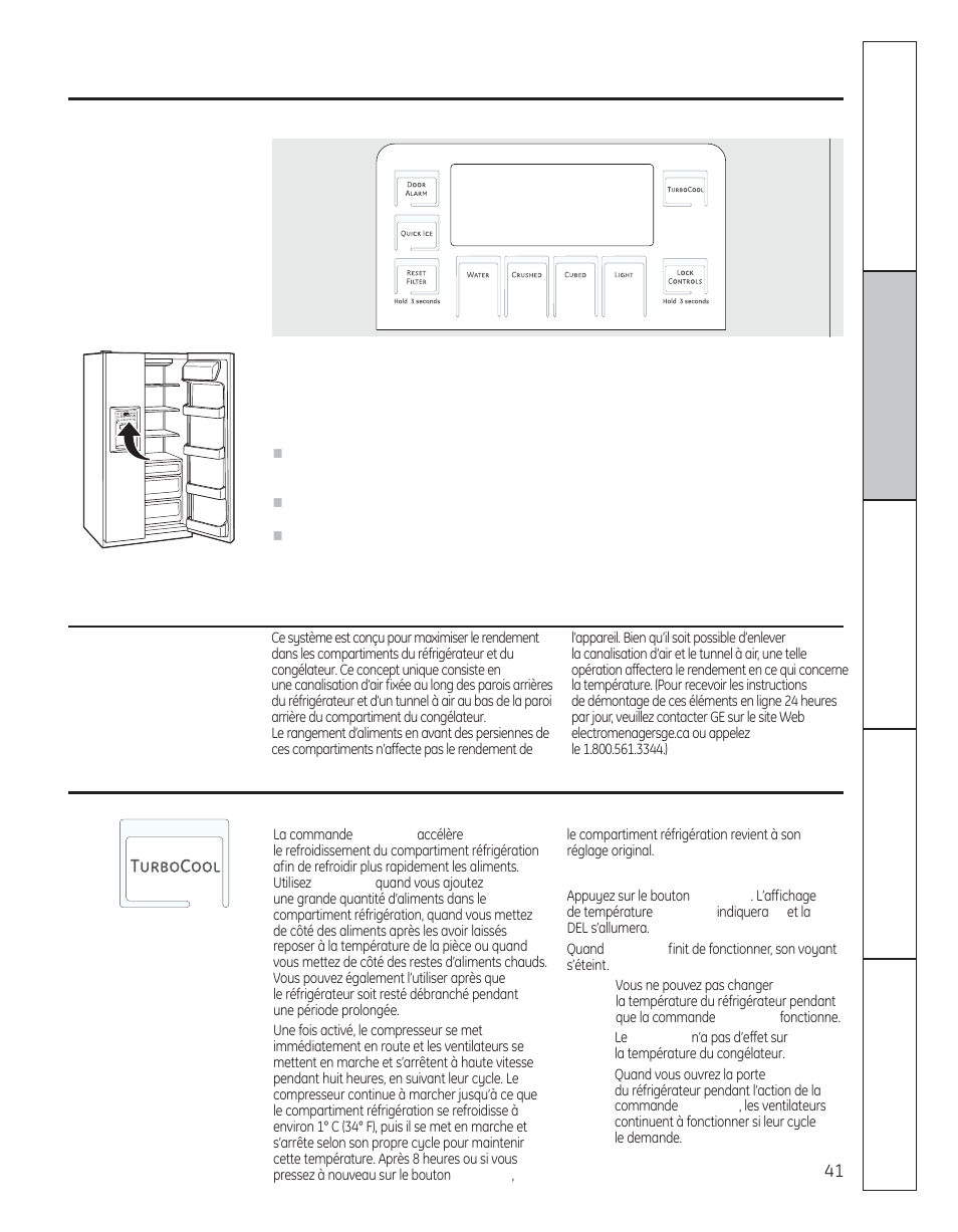 Les commandes, Turbocool, Au sujet de turbocool | Système de circulation d’air, Sur certains modèles) | GE 29 User Manual | Page 41 / 112