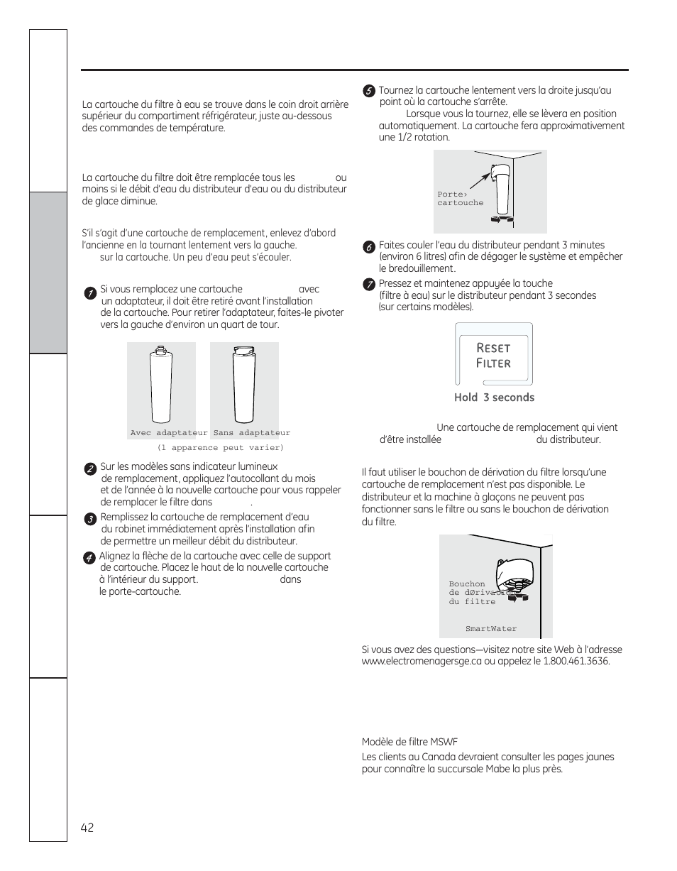 Le filtre à eau, Sur certains modèles) | GE 29 User Manual | Page 42 / 112